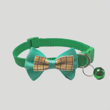 Pet Collar Adjustable Buckle Cute Cat Dog w/ Bell Bow Tie/Plaid Green 1Pc