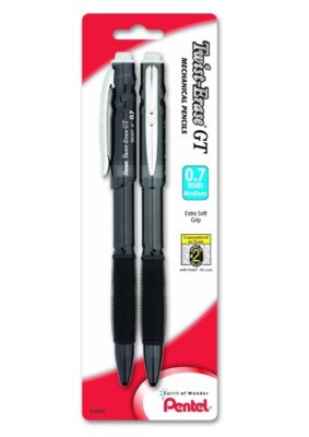 NEW 2-Pack Pentel Twist-Erase GT 0.7mm Mechanical Pencil BLACK/SILVER art school