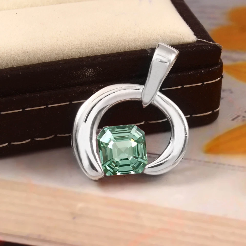 Adorabile Ceylon Verde Spinello Taglio Asscher 925 Ciondolo Argento Gemma 9x9 MM - Immagine 3 di 4