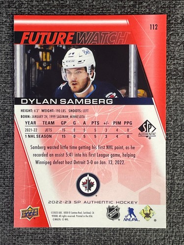 Dylan Samberg 2022-23 Upper Deck SP Authentic Future Watch Limited Red #112 RC - Picture 2 of 2