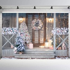 10x8ft Winter Christmas Tree Rustic Wood Door Vinyl Backdrop Photo Background
