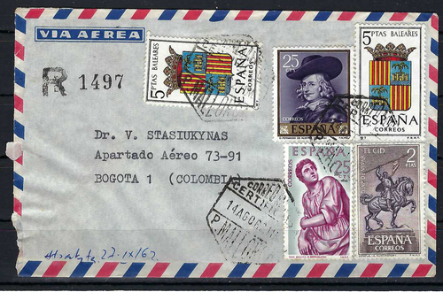 MALLORCA -SPAIN TO VITAUTAS STASIUKYNAS -{PHILATELIST} BOGOTA- COLOMBIA 1962