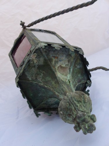 Antiq Religious Gothic Church Lantern Light Green Brass Glass Candle Holder 19TH - 第 12/12 張圖片