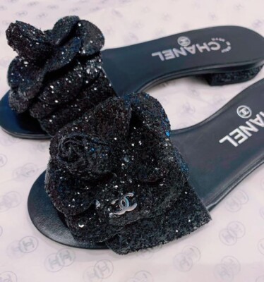 CHANEL Camellia Glitter COCO MARK Sandals Mules Shoes Women Size