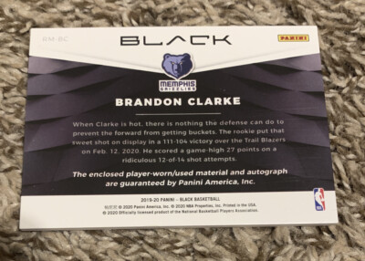 Brandon Clarke RPA NBA Panini Black 34/49 RC Autograph 3 color