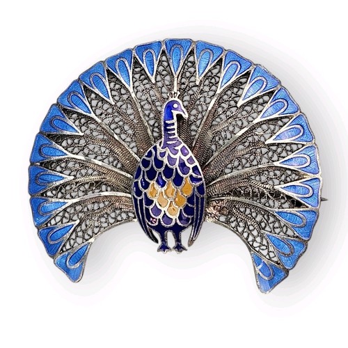 Broche de filigrana de pavo real de ley esmalte de oro azul plata 925 vintage de 1,75" de ancho - Imagen 12 de 12