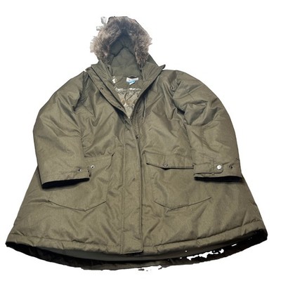 Women s Columbia Suttle Mountain Long Insulated Jacket Faux Fur Hood Green SZ 2X