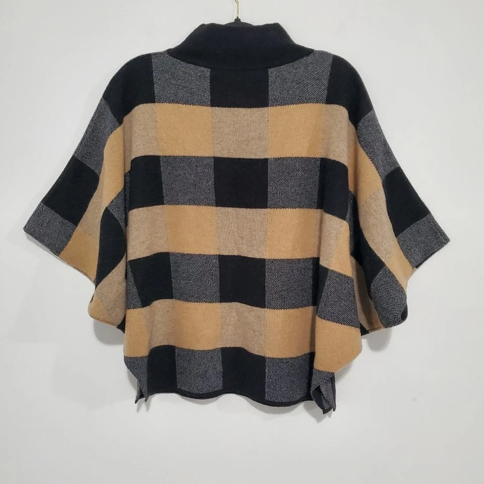 Plaid Mock Neck Sweater One Size Poncho Style - Black and Tan Wool And Cashmere - Image 4 of 4