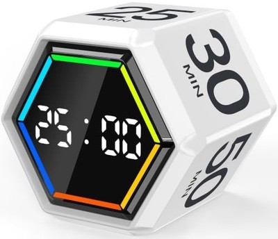 Pomodoro Flip Desk Timer Cube for ADHD Study Work Silent Vibration White