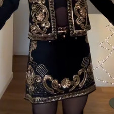 NWT ZARA Sequined  Beaded High-waisted Mini Skirt Black/gold-colored 4192/140 M