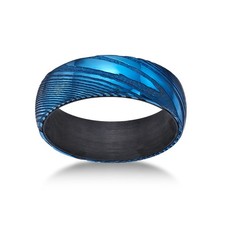 Men's Blue Damascus Steel Ring with Carbon Fiber Sleeve