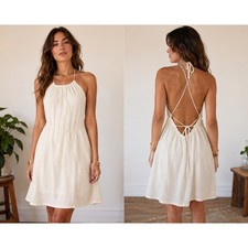 NWT Banana Republic Halter Mini Dress S White Backless A-Line Boho Beach Belted