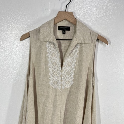 Banana Republic Sleeveless Linen Tunic Dress Medium Beige Embroidered Resort - Picture 8 of 10