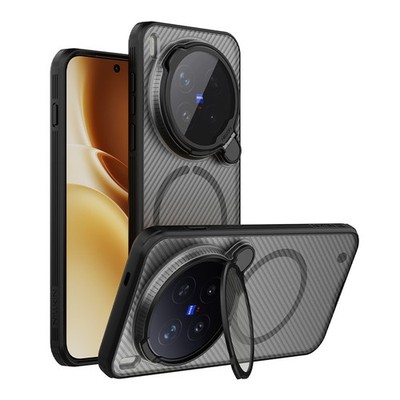 For Vivo X300/Pro Flip Lens Cover Metal Kickstand 3D Textured Back Magnetic Case