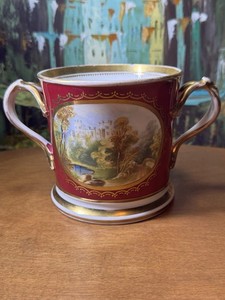 Antique 1874 Painted Porcelain Loving Cup Mug – Ornate Gold Monogram