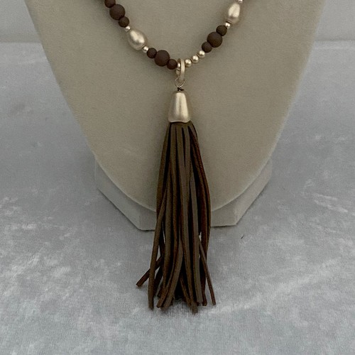 Tassel Necklace White Tan Leather Beaded Fringe Boho Hippie - Picture 2 of 7