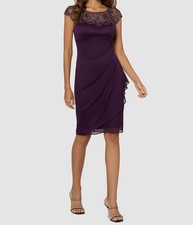 Xscape Women's Purple Beaded Ruched Boatneck Cap Sleeve Sheath Dress Size 12