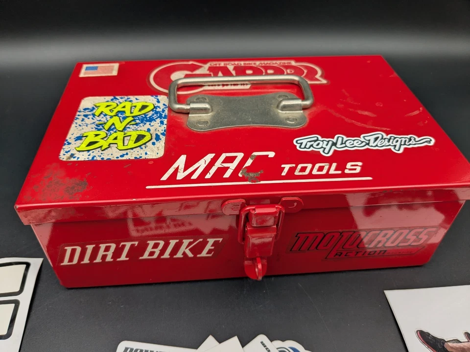 Vintage MAC Red Mini Toolbox w/ Motorcycle Motocross Sticker Lot - Image 3 of 4