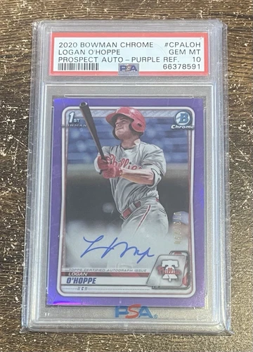 2020 Bowman Chrome Logan O'Hoppe Auto Prospect Purple Refractor /250 1st PSA 10