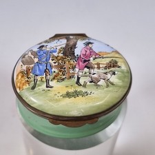 Crummles Enamel Trinket Box Decorated With Figures Hunting Shooting