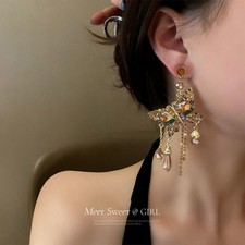 Champagne Crystal Butterfly Tassel Earrings Gold Rhinestone Dangle