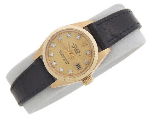 Ladies Rolex 18K Yellow Gold Datejust Champagne Diamond Dial Black Leather 6917 - Picture 3 of 7