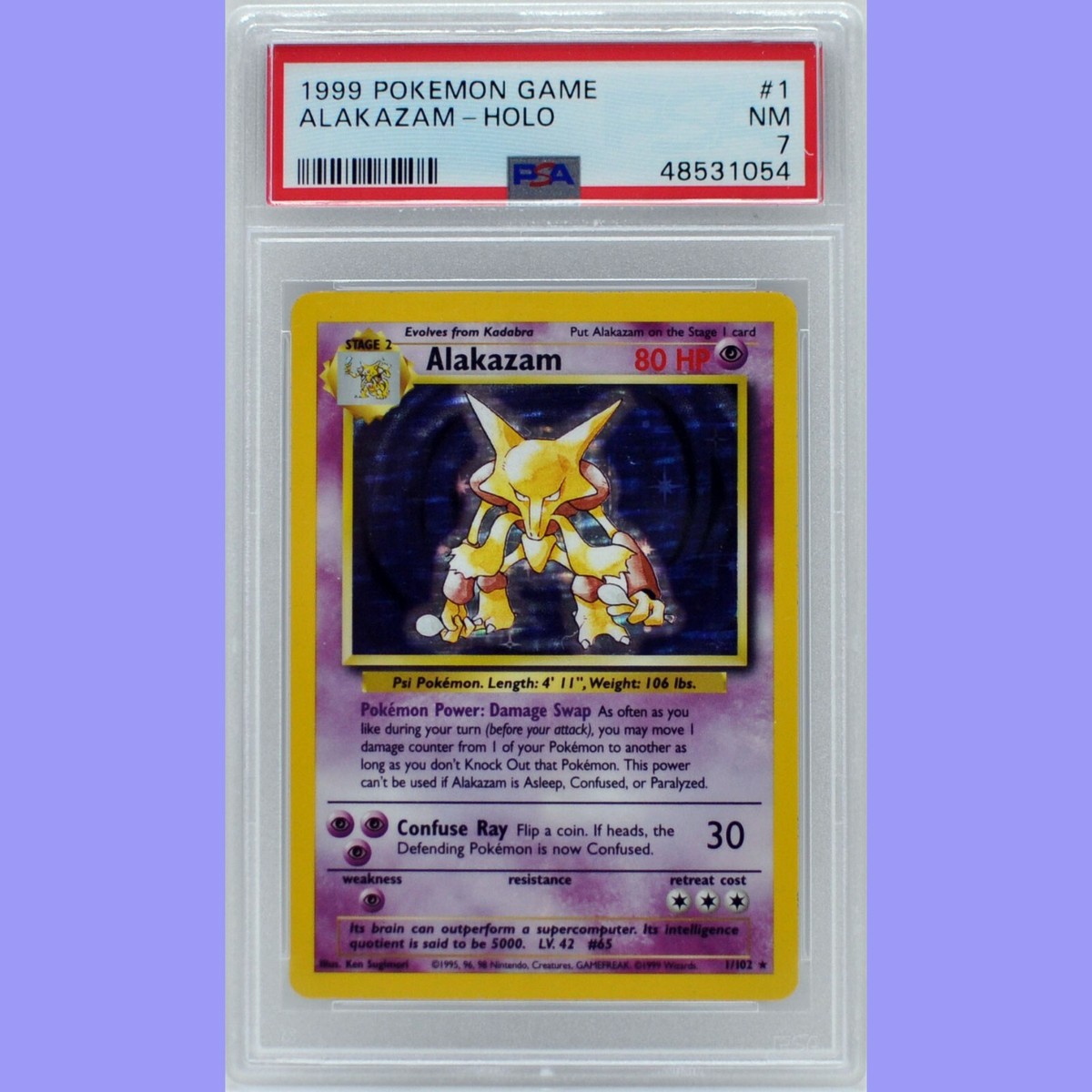 Pokemon Base Set Unlimited Alakazam Holo 1/102 PSA 7 NEAR Pokemon Base Set Unlimited Alakazam Holo 1/102 PSA 7 NEAR