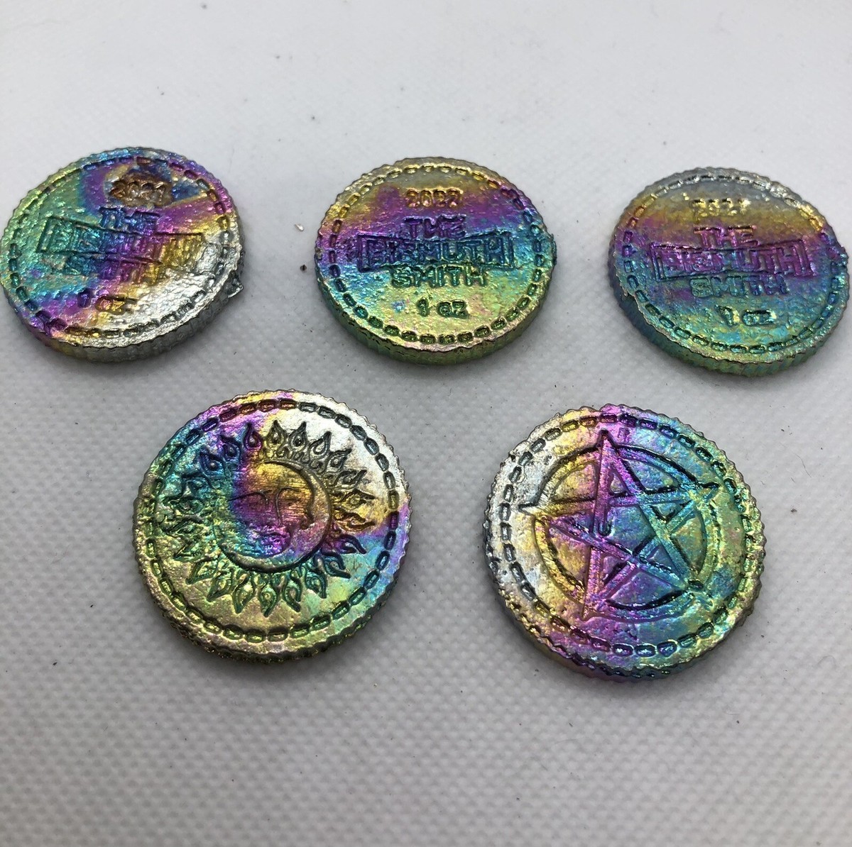 Bismuth crystal Rainbow Coin Skull With Bones