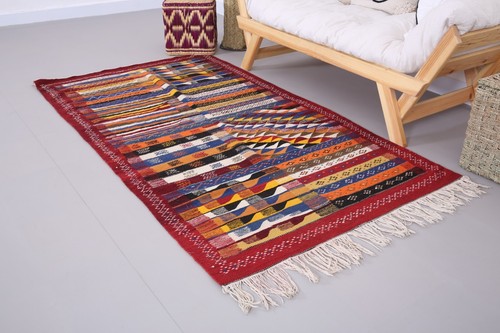 Alfombra Taznakht Kilim 3,7 x 6,5 pies - Alfombra Picasso - Alfombra marroquí - Alfombra bereber de colección - Imagen 5 de 12