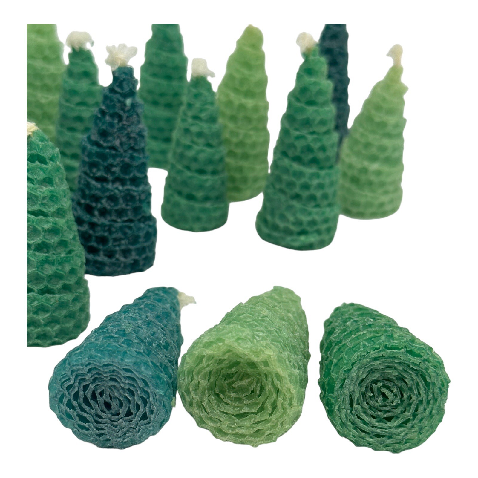 Set Of 20 Hand Rolled Beeswax Honeycomb Candles  Assorted Green Christmas Trees
