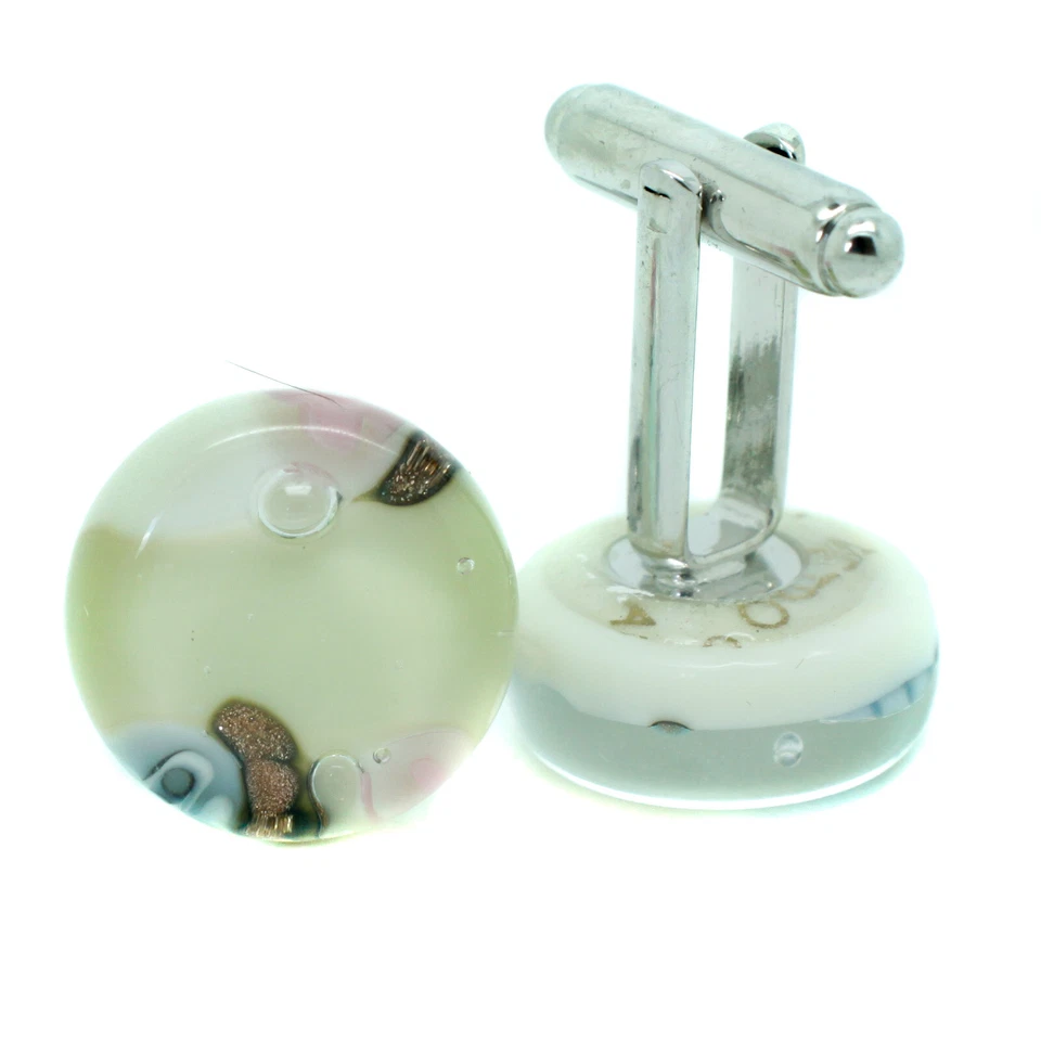 Murano Glass Cufflinks Circular White Brown Pink Venice Wedding - Image 2 of 4