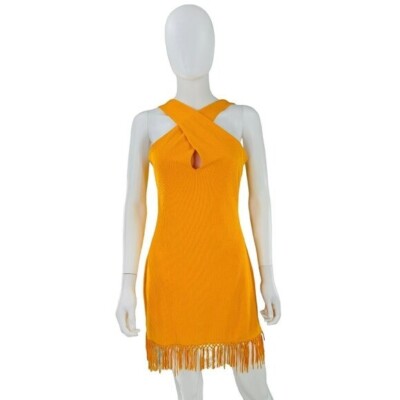 Saylor NEW Leyna Mango Gold Fringe Halter Bodycon Mini Dress Size M | eBay