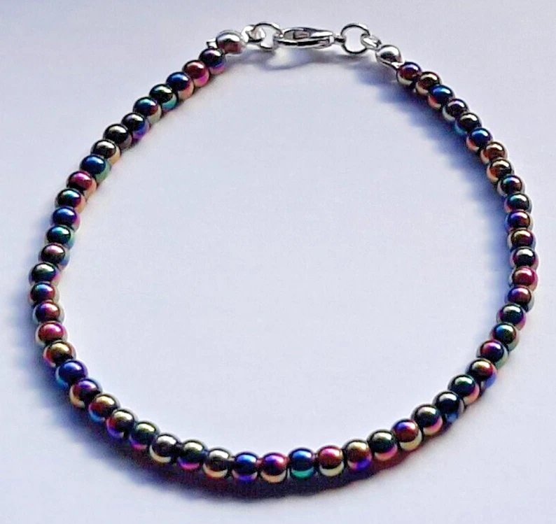 Men's Women's Hematite Stone Bracelet 4mm Beads and 925 Silver - Honua