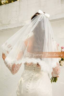 White Bridal Bow Veil, Lace Bow Wedding Veil, Embroidered Floral Veil Bow Ivory Lace Veil w/ Bow Short Veil w/ Bow Wedding Veil Bridal  main image 2