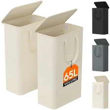 Lifewit 65L Slim Laundry Hamper, Small Laundry Basket with Lid, White, 2 Packs