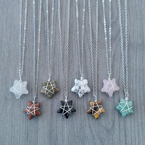 Silver Star Wire Wrapped Necklace Pendant Natural Crystal Gemstone Reiki Healing