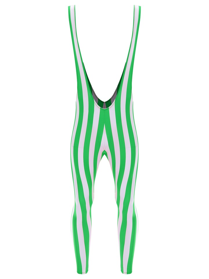 Mens Bodysuit Striped Rompers Deep U Neck Jumpsuit Silky Wresting