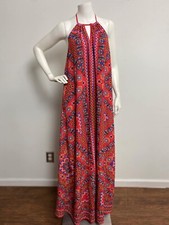 Flying Tomato Aztec Tribal Halter Maxi Dress Women's Size M Red Boho Gypsy Beach