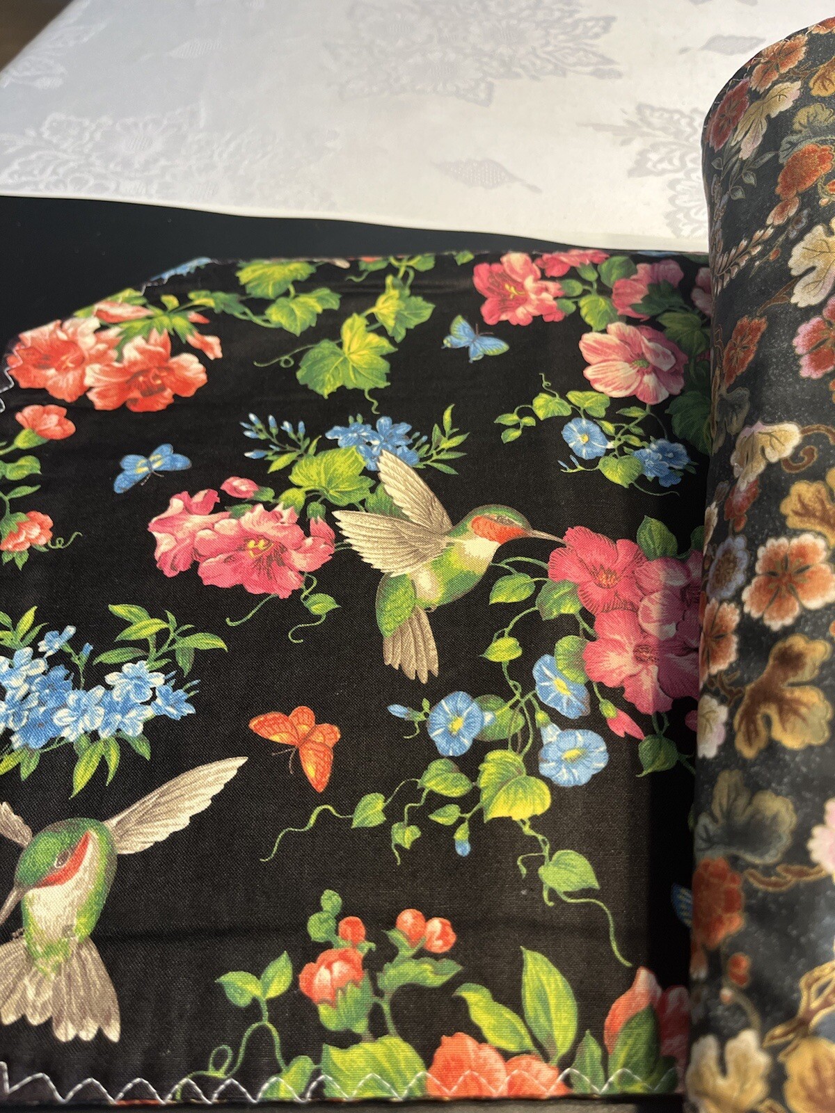 New 12pc Amish Made Quilted Red Green Floral Birds Placemats Napkins