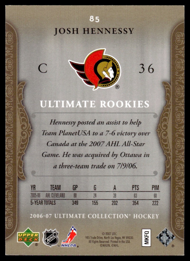 2006-07 Upper Deck Ultimate Collection ROOKIE Josh Hennessy Rookie /699 Ottawa - Picture 2 of 2
