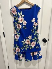 Eliza J Ruffle Sheath Layered Knee Length Floral Blue Dress Cap Sleeve  Size 10