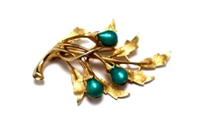 Vintage EMMONS Green Moonglow Flowers & Leaves Spray Design Gold Tone Brooch