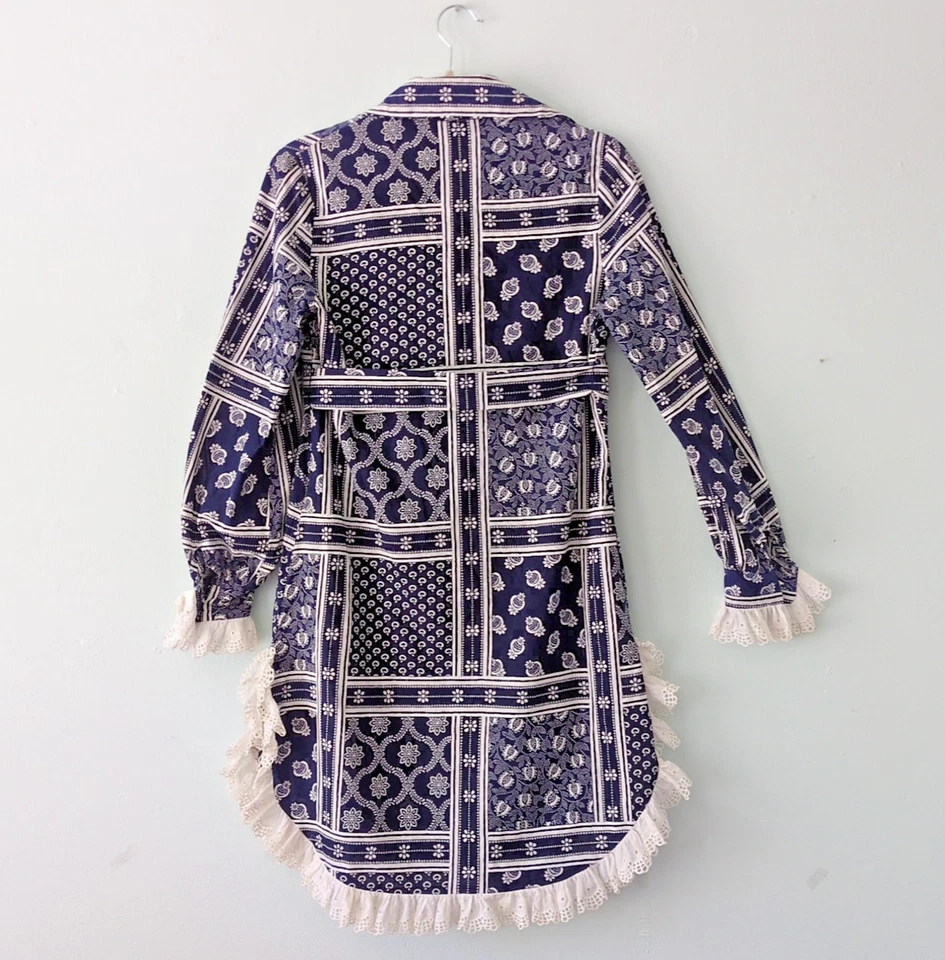 VTG 1960s Lori Till Navy White Paisley Americana Print Belted Mini Button Dress - Image 2 of 4