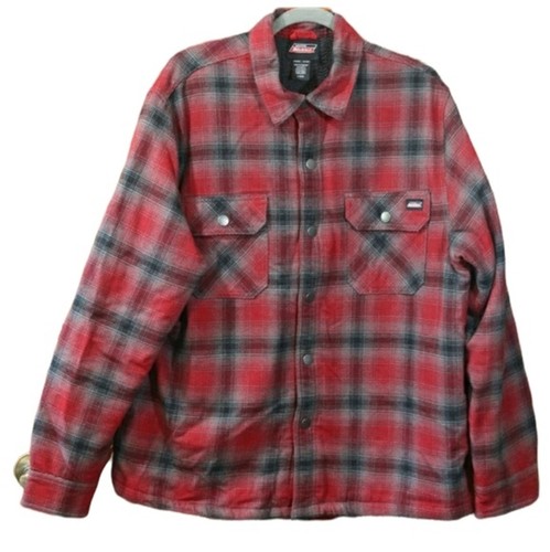 Dickies Red Plaid Fleece Lined Jacket Shackett Button Up LG