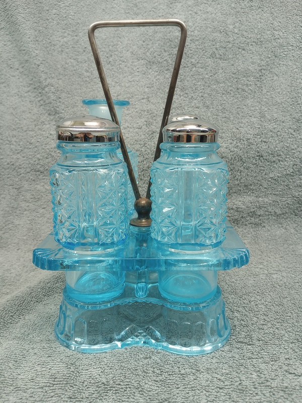 Vintage Blue Adams Paragon Glass Salt Pepper Oil Vinegar Set With Caddy CHIPPED!