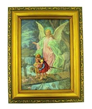 Framed Art Italian Lithograph Guardian Angel Print In Antique Gold Tone Frame