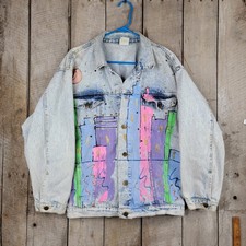 Vintage Hand Painted Denim Jacket Cityscape Art Acid Wash USA Made L 80s 90s