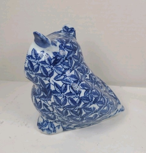Vintage asiatische blau weiße Porzellan Eule Dekoration Statue Figur - Bild 4 von 7