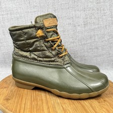Sperry Boots Womens 6.5 M Saltwater Shiny Quilted Lace Up Rain Duck Rubber Green