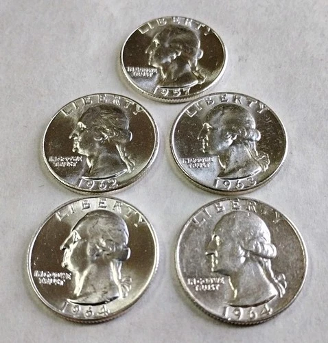 Lot of 5 🔥1957P 1962P 1963D 1964P&D Washington Silver Quarters 🔥AU/BU #W87